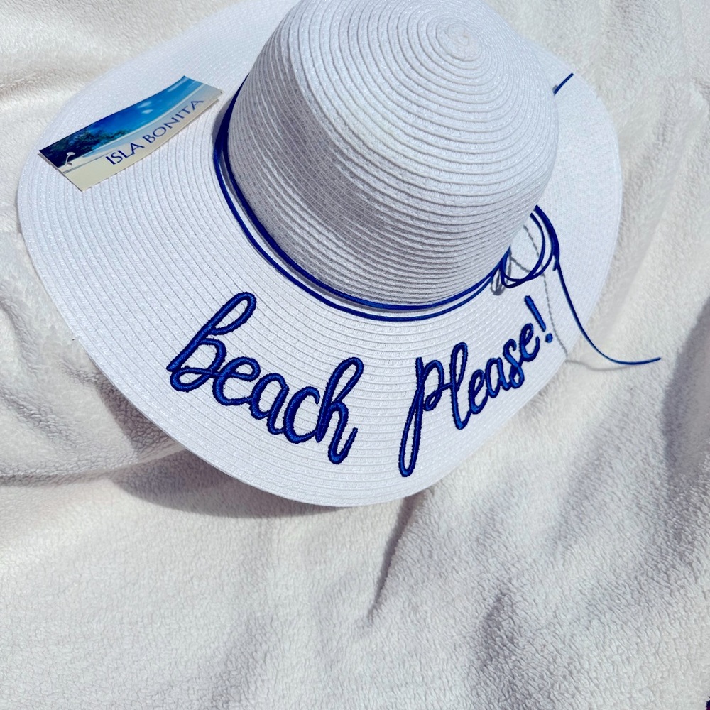 Isle Bonita BEACH PLEASE floppy hat. White beach sun hat with blue stitching NWT - Picture 4 of 7